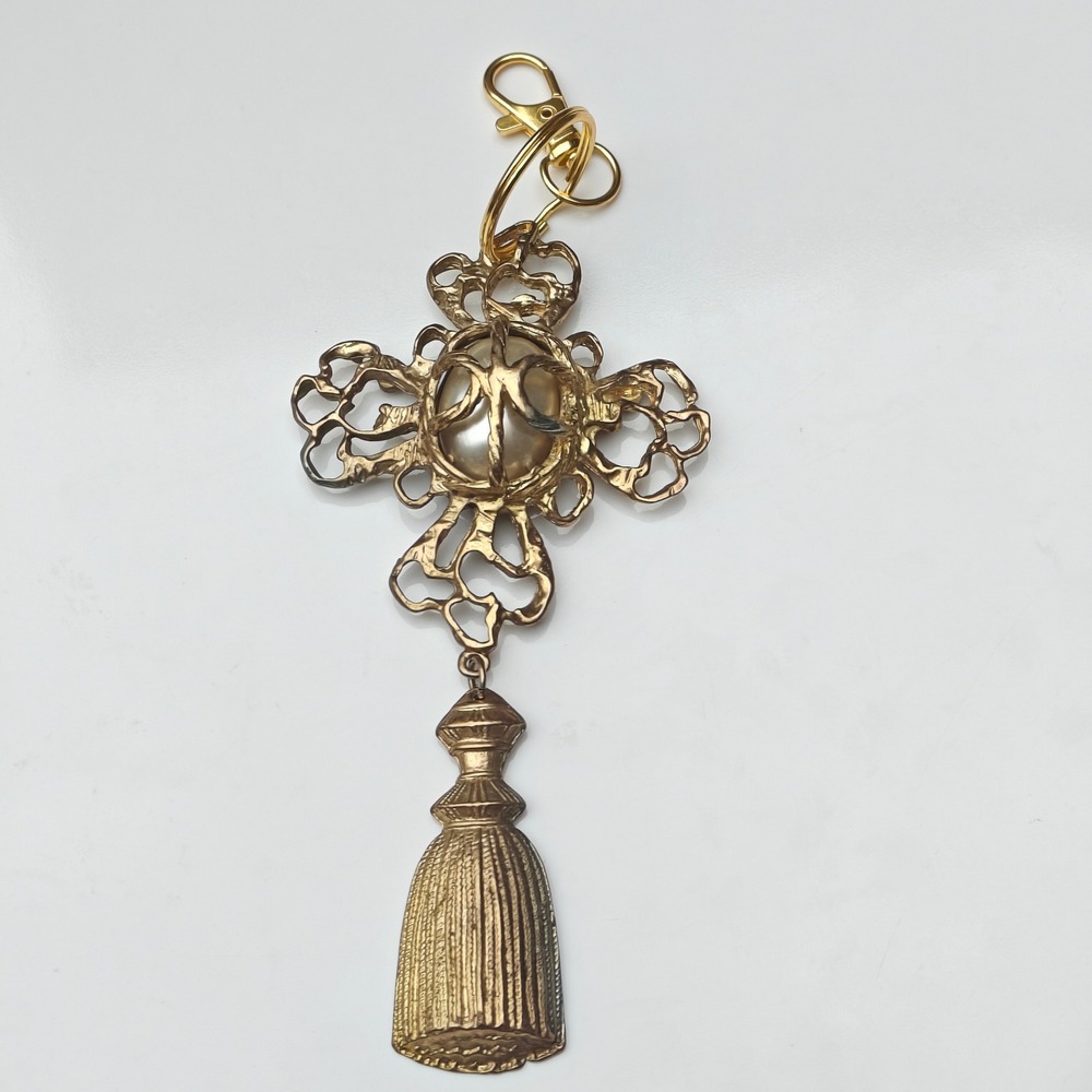 Gold Tone Ornate Filigree Cross Tassel Keychain Faux Pearl Bag Charm Gothic
